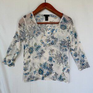 90s Vintage The Limited Sheer Ivory Blue Floral Print 3/4 Sleeve V Neck Top